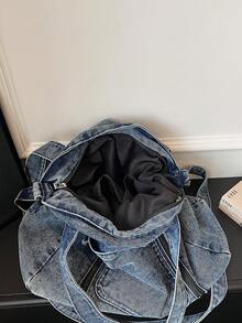 Tas Tote Jeans Cuci Kasual Chic Baru, Gaya Vintage, Kapasitas Besar, Tas Bahu Tunggal dengan Tali yang Dapat Dilepas dan Banyak Kantong, Tas Selempang - Biru - View 11