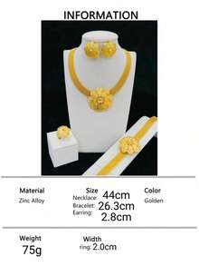 1 Necklace, 1 Pair Earrings, 1 Bracelet, 1 Ring Fashion Women's Gold-Plated Flower Pendant Jewelry Set 4pcs, Saudi Arabia, Middle East, Dubai, Europe, America, Africa, Bride, Wedding, Banquet, Date, Dress Accessories, Mother's Day, Valentine's Day, Wedding Season, Birthday, Music Festival, Holiday Gift, Daily Wear, Gift For Mom, Sister, Girlfriend - Yellow Gold - View 6