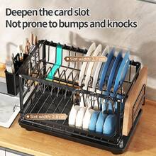 Kusuxva This Double-Layer Metal Kitchen Countertop Dish Rack Is Space-Saving And Durable. It Comes With A Knife And Fork Holder, Cup Holder, Cutting Board Holder, And Rust-Proof Drain Tray. Kitchen Storage Items Help You Keep Your Kitchen Neat And Organized. - Black - View 6