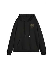 Women's Hooded Sweatshirt, Autumn/Winter New Letter Print, Drawstring Design, With Pockets, Casual Versatile Loose Top, Fashionable Daily Wear - Black - View 4