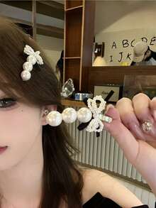 2件組奢華珍珠蝴蝶結金屬鱷魚夾髮夾，可愛甜美風女性側邊髮夾 - 彩色 - 查看 7