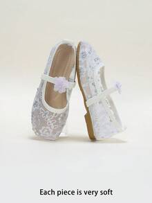Girls' Sequin Embroidered Mesh 3D Flower Decor Breathable Non-Slip Square Toe Elastic Strap Flat Princess Mary Jane Shoes For School, Party, Wedding, Performance, Formal Dress - White - View 6