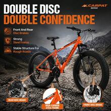 26 Inch Fat Tire Bike Adult/Youth Full  21 Speed Mountain Bike, Dual Disc Brake, High-Carbon Steel Frame, Front Suspension, Mountain Trail Bike, Urban Commuter City Bicycle - Orange + Steel + American Design - View 5