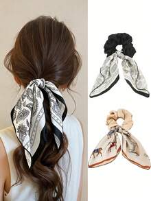 1 Pc Retro Horse Pattern Satin Scarf Scrunchie, Long Floating Ribbon Bow Elastic Hair Tie, Fashion Ponytail Holder Hair Accessory For Ladies Daily - Multicolor - View 1