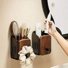 Heavy Duty Walnut Wood Toothbrush Holder Wall Mounted, Suitable For Bathroom, Space-Saving Adhesive Installation Storage Rack, Modern Minimalist Design, Walnut Wood Shower Caddy, Vanity Storage - No Assembly Required, Hygienic Toothbrush Holder, Storage Rack - Multicolor - View 8