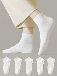 ZUJO 5 Pairs Women's Mesh Lace Trim Pure White Cable Knit Short Socks, Simple And Comfortable, Suitable For Spring, Autumn And Summer - White - View 4
