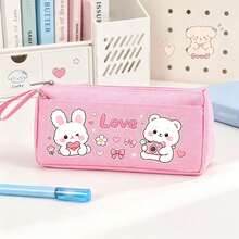 Cute Cartoon Rabbit & Bear Canvas Pencil Case, Heart Pattern Large Capacity Pencil Pouch, Perfect Back To School Gift For Kids, First Day Of School - Multicolor - View 15