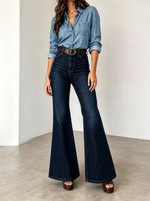 Women's Autumn Dark Wash Wide Leg Jeans, With Pockets, Long Length, Medium Stretch, Flare Leg, Creating Casual Elegant Look Fall - Dark Wash - View 1