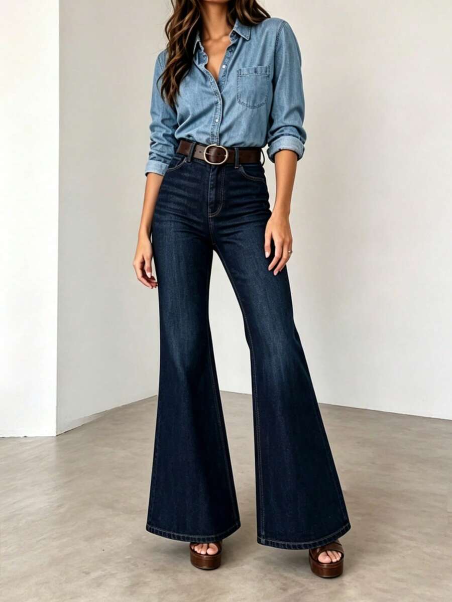 Women's Autumn Dark Wash Wide Leg Jeans, With Pockets, Long Length, Medium Stretch, Flare Leg, Creating Casual Elegant Look Fall - Dark Wash - View 1