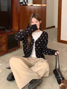 Fashionable Cute Polka Dot Long Sleeve Knit Cardigan - Black - View 8