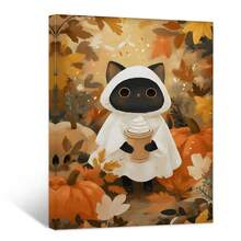 1pc Cat Ghost Coffee Autumn Art Canvas Wall Decor Poster, Room Home Decoration, Aesthetic Style, Optional Frame, Pumpkin Decor, Quirky Cute, Halloween Home Decor, Pumpkin Print, Ghost Coffee Art, Rustic Style - 1PC - View 6