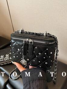 1pc Solid Color Small Square Handbag, Fashionable Box Bag, PU Leather Material, Pearl Decoration, Daily Use Bag, Office, Phone & Lipstick Storage Bag, Suitable For Women, College Students, Office, University, Work, Business, Commute - Black - View 3