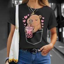 Women's Casual, Creative And Cute Capybara Graphic Pattern T-Shirt, Short-Sleeved, Basic And Stylish - 黑色3 - 查看 8