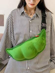 Funny Personalized Cute Pea One Shoulder Crossbody Chest Bag, Cute 3D Bean-Shaped Plush Crossbody Bag, Green Pea Pod Shoulder Bag With Zipper Closure, Creative Pea Pod Design, Suitable For Spring Outfits, Parties, Gifts, Bean Theme Shoulder Bag, Cute Green Soybean Shaped Crossbody Bag, Novelty Bag - Cute Pea-Shaped Fun Plush Chest Bag For Women, Suitable For Travel, Gatherings - Green - View 4