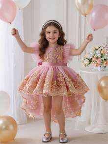 Girls' Elegant Flutter Sleeve Gold Thread Embroidered Train Dress, Puff Skirt Party Dress, Wedding Flower Girl Dress, Evening Gown - Pink - View 5