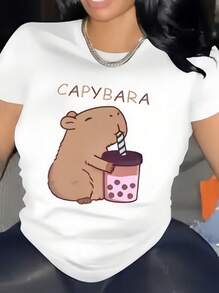 Women's Casual, Creative And Cute Capybara Graphic Pattern T-Shirt, Short-Sleeved, Basic And Stylish - 白色8 - 查看 10