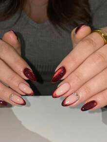 10 Pieces Of Handmade Press On Nails,Nails,Fake Nails,Summer Nails,Red Cat Eye Nails,With Burgundy Red Gradient V-Tips Or Hand Paint Red Flower,With A Row Of Shiny Clear Rhinestones,Perfect For Daily Wear,Dates And Party Holiday Occasions. - Red - View 2
