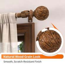Wood Curtain Rods For Windows 18 To 45 Inch, 1" Adjustable Heavy Duty Boho Drapery Rod Decorative Curtain Rods With Finials Rustic Window Treatment Rods For Kitchen Farmhouse Bedroom Patio - Wood Grain - View 5