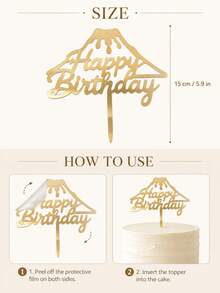 3pcs Gold Mirror Acrylic Birthday Cake Toppers, Hollow Volcano Mountain Frame, Fluid Cursive Handwritten Style, With Support Rod, Sturdy Mirror PMMA Material, Suitable For Men And Women Outdoor Travel Style Birthday Cake Decoration - A - View 7