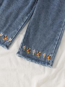 2pcs Baby Girl Vintage Casual 3D Bow Plaid Top & Floral Embroidered Tassel Trim Denim Faux Pocket Long Pants Set, Spring/Autumn - Coffee Brown - View 7