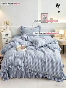 黑色、粉色、綠色、藍色格紋女款成人雙人尺寸被套 - 柔軟雙面磨毛床上用品套裝，拉鍊封口，3件套，包含1件被套 (90"X90") 和2件枕套，不含被芯 - 霧霾藍 - 查看 11