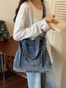 Tas Tote Jeans Cuci Kasual Chic Baru, Gaya Vintage, Kapasitas Besar, Tas Bahu Tunggal dengan Tali yang Dapat Dilepas dan Banyak Kantong, Tas Selempang - Biru - View 4
