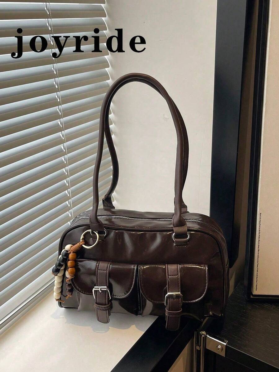 1pc Vintage Minimalist Zipper Tote Bag, Decorated With Pockets, Dual Handles, Suitable For Women's Casual Daily And Commuting Use - Coffee - View 1