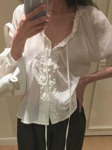 Korean Style Gentle Elegant V-Neck Ruffle Lace Tie-Front Versatile Solid Color Blouse White - White - View 2