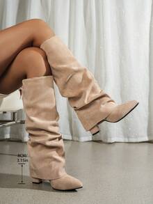 New Women's Slim Fit Ruched High Tube Boots, 2026 Autumn/Winter New Women's Pointed Toe Chunky Heel Outdoor Casual Fashion Tall Boots, Knee-High Boots - Apricot - View 6