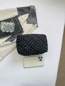 時尚多功能絎縫刺繡格紋加厚化妝包，學生鉛筆袋，波點圖案，休閒手提包，保暖羽絨填充小包 - 黑色 - 查看 5