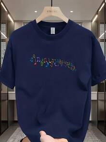 A Round-Neck Short-Sleeve T-Shirt Featuring A Colorful Music Note Pattern Print On The Front. The Vibrant Note Elements Convey A Lively, Music-Related - 黑色 - 查看 7