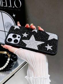 1 pièce Étui de protection pour téléphone avec trou pour objectif, entièrement clouté d'étoiles scintillantes, de style minimaliste et à la mode, compatible avec les séries 17, 16, 15 Pro Max, 14, 13, 12, 11 - Argent - Voir 2