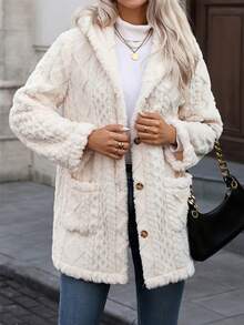 Plus Size Women's European & American Style Solid Color Hooded Button Long Sleeve Fleece Casual Jacket, Suitable For Vacation And Autumn - Apricot - View 3