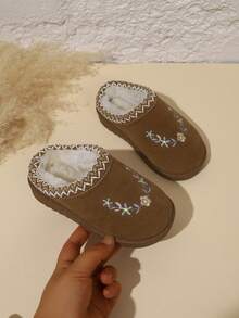 Unisex Kids Vintage Woven Trim Embroidered Slippers, Versatile Autumn/Winter Home Warm Slippers - Brown - View 5