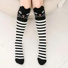 1 Pair Cute Cartoon Cat Face Over-The-Knee Socks, Pure Black & Black And White Striped Long Daily Socks For Women,Halloween - Multicolor - View 5