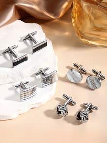2/6 Pcs Men's Cufflinks Silver Black Cufflinks Premium Steel Jewelry Elegant And Classy Set Ideal For Wedding, Party, Ceremony - Multicolor - View 4