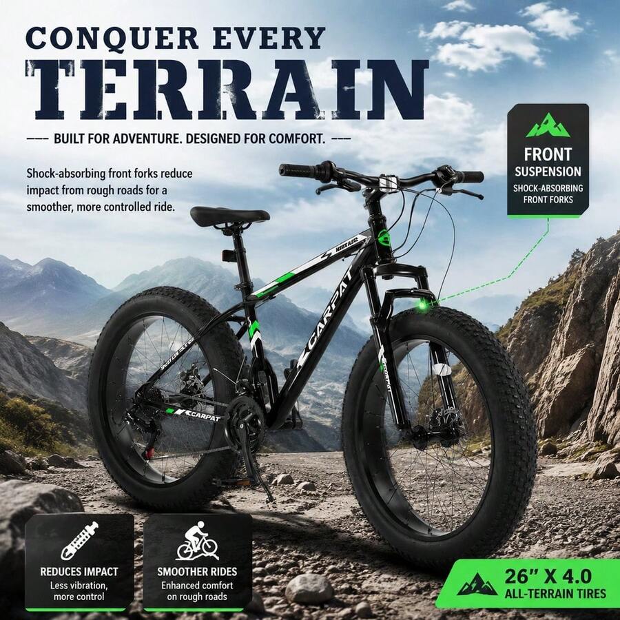 26 Inch Fat Tire Bike Adult/Youth Full  21 Speed Mountain Bike, Dual Disc Brake, High-Carbon Steel Frame, Front Suspension, Mountain Trail Bike, Urban Commuter City Bicycle - Black + Steel + American Design - View 1