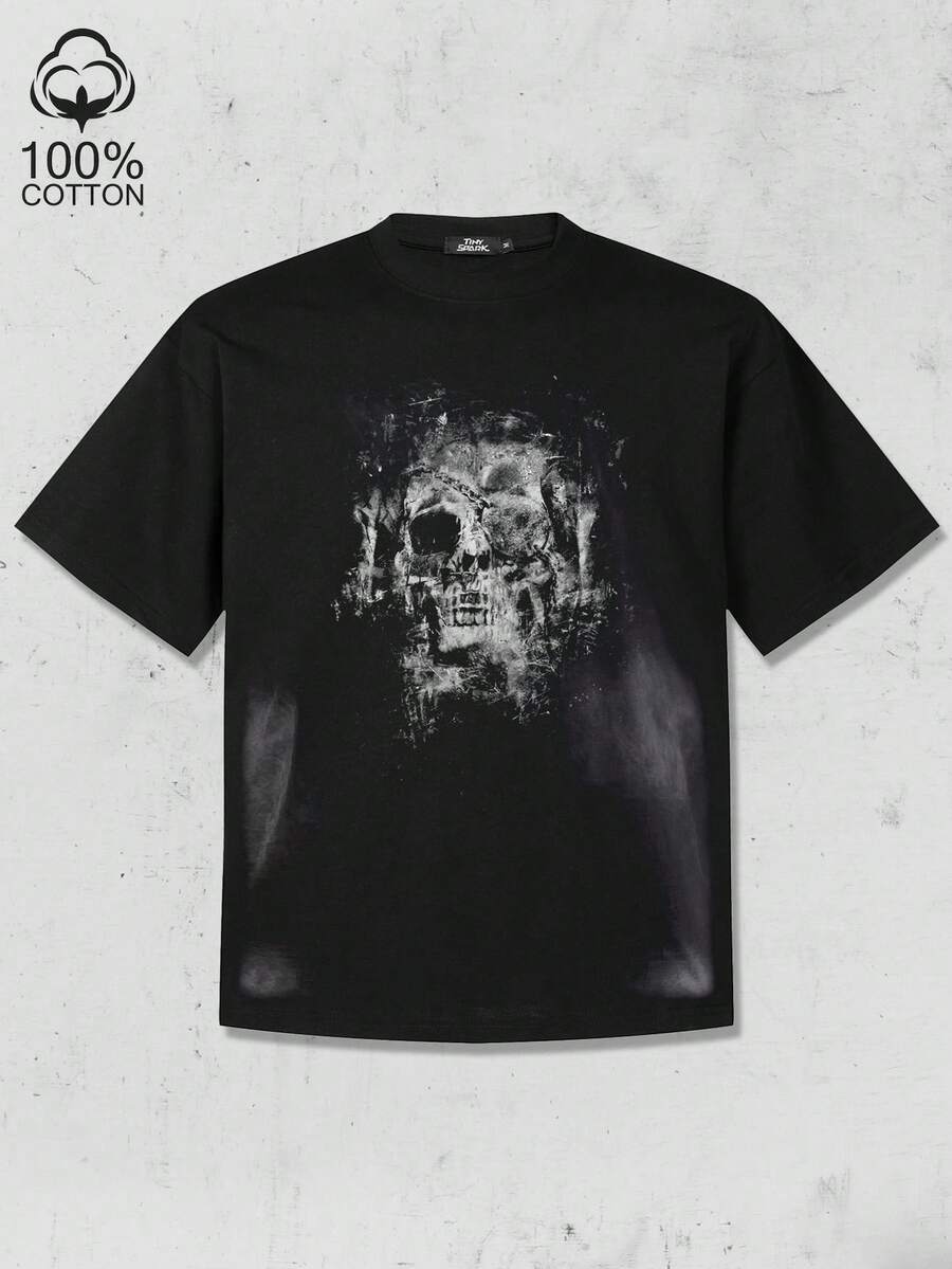 Tiny Spark Dark Streetwear Black Tee Shirt Graffiti Skull Graphic Grunge Style - Black - View 1