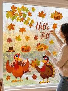 2pcs Thanksgiving Window Stickers, Removable Glass Decals, Cartoon Turkey Pumpkin Maple Leaf Hello Fall Pattern, Window Door Wall Party Decoration, For Adults, Thanksgiving Decor, Autumn Harvest Seasonal Holiday Decoration Supplies - Multicolor - View 1