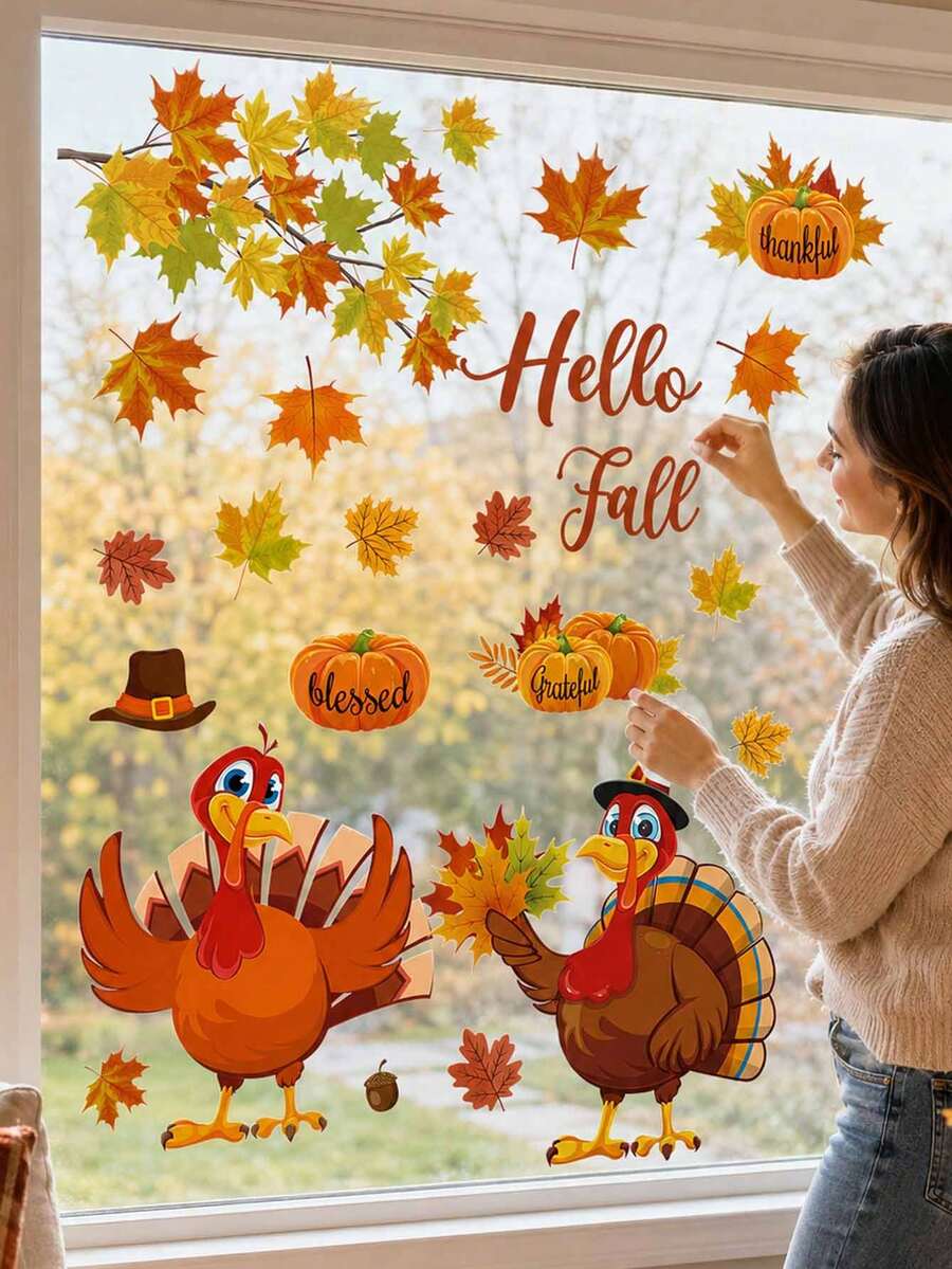 2pcs Thanksgiving Window Stickers, Removable Glass Decals, Cartoon Turkey Pumpkin Maple Leaf Hello Fall Pattern, Window Door Wall Party Decoration, For Adults, Thanksgiving Decor, Autumn Harvest Seasonal Holiday Decoration Supplies - Multicolor - View 1