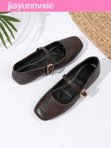 JiaYunNvXie Spring/Autumn Mary Jane Shoes With Gold Buckle, Plus Size Women's Uniform Shoes - New Coffee Color - View 2