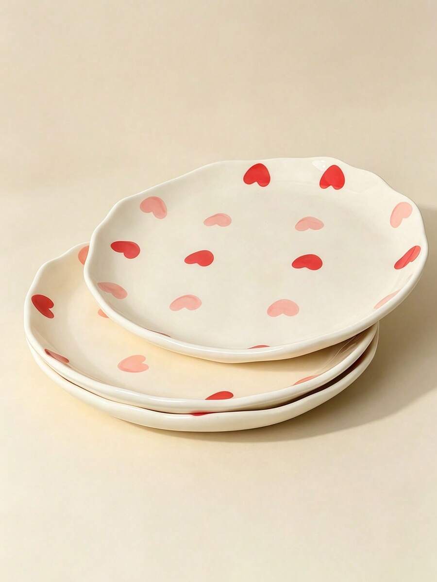 1pc/2pcs/4pcs Hand-Painted Red & Pink Heart-Shaped Ceramic Plate, Asymmetrical Wavy Edge Porcelain Dinnerware 6 Inch, Suitable For Salad, Dessert And Main Course, Cute Style Kitchen Tableware - Multicolor - View 1
