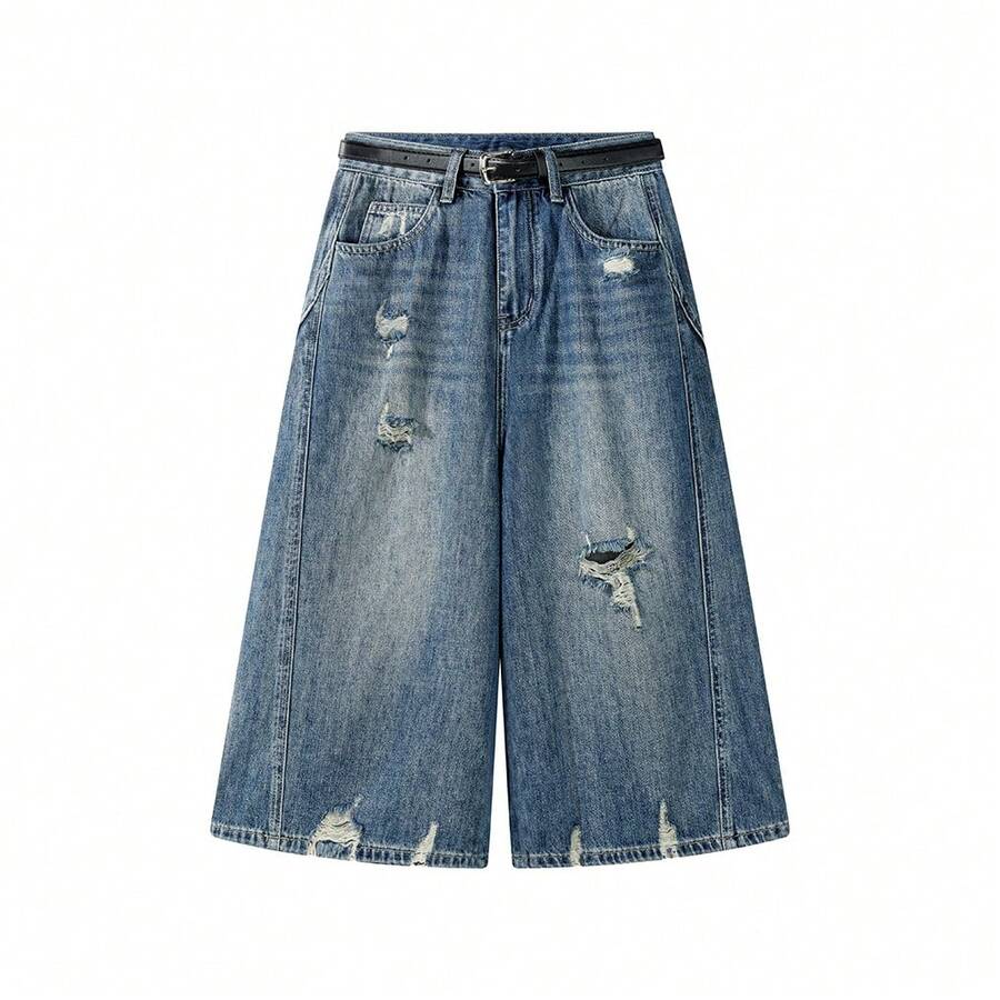Summer Vintage Korean Style Distressed Wide Leg Denim Jeans Distressed Long Pants Daily Campus Vacation Summer - Dark Wash - View 1