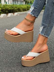 Platform Wedge Back Strap Sandals, Versatile Elevated Women Footwear - White - View 5