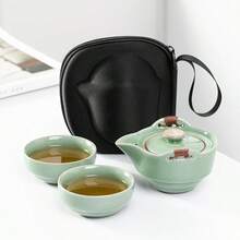 Outdoor Travel Tea Set, 1 Pot And 2 Cups, Portable Kung Fu Tea Set, Ceramic Tea Set With Filter And Protective Storage Bag. Suitable For Outdoor BBQ, Party, Camping, Space-Saving Design. - Green - View 2