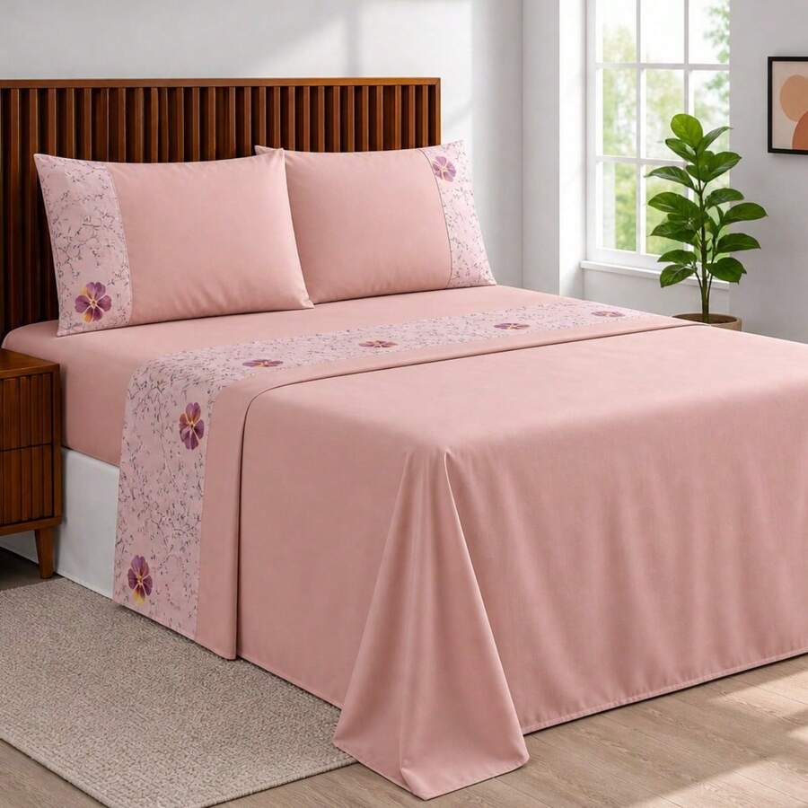 400 Thread Count Silk-Touch Bed Sheet Set, 4 Pieces, Alegra Double/Queen/King, Premium Comfort - 奢華玫瑰 - 查看 1