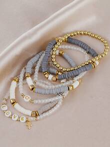 7Pcs Elastic Stackable Heishi Beaded Bracelet Set, LOVE Letter & Cross Charm Jewelry, Gray White Gold Bracelets For Daily Wear & Party - Multicolor - View 4