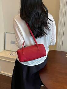 Versatile Minimalist Shoulder Bag, Fresh Sweet Large Capacity Underarm Bag, Niche Design Casual Commute Pillow Bag - Red - View 4
