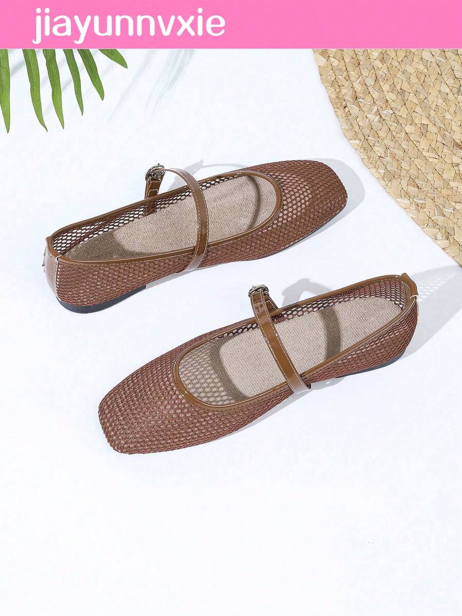 Women's Mesh Ballet Flats, Breathable Square Toe Granny Shoes, Soft Bottom Flat Shoes
