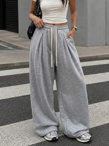 Women's Light Gray Wide Leg Sweatpants, Oversized Loose Drawstring Elastic Waistband Pocket Pants, Autumn Back To School Streetwear Style Sports - Light Grey - View 3